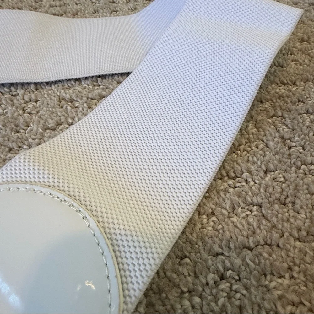 Womens White Patent Leather Belt Wide Size M/L Retro Y2K Mesh Stretch Vintage